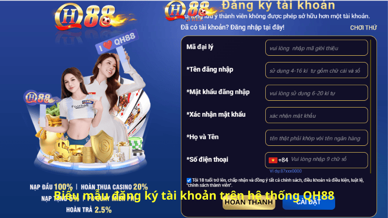 Biểu mẫu đăng ký tài khoản trên hệ thống QH88